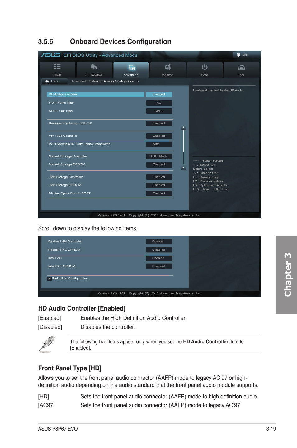 6 onboard devices configuration, Onboard devices configuration -19, Chapter 3 | Hd audio controller [enabled, Front panel type [hd, Scroll down to display the following items | Asus P8P67 EVO User Manual | Page 83 / 134