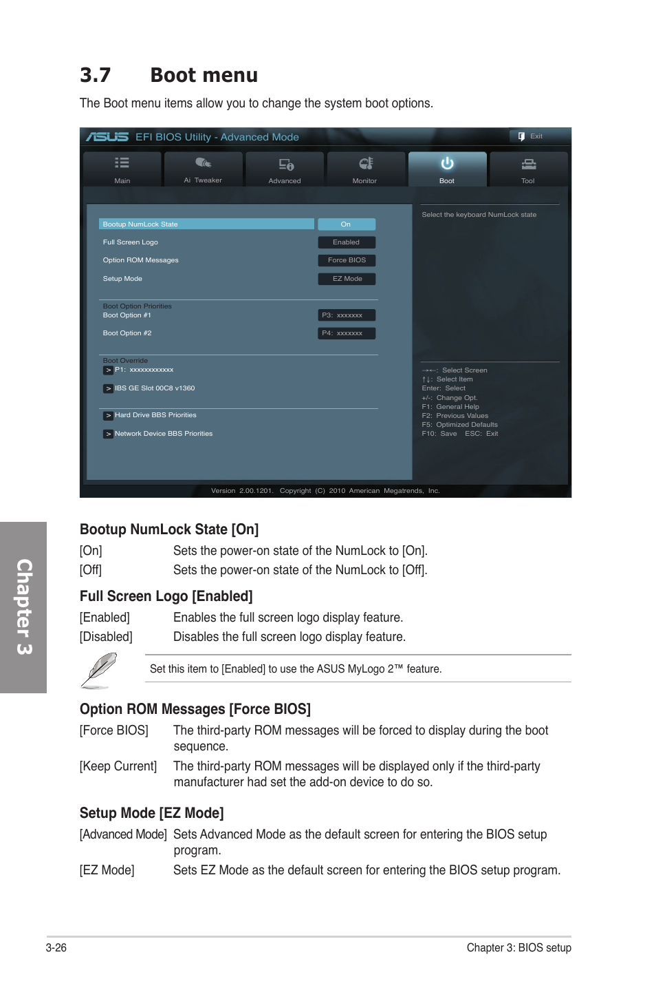 7 boot menu, Boot menu -26, Chapter 3 3.7 boot menu | Bootup numlock state [on, Full screen logo [enabled, Option rom messages [force bios, Setup mode [ez mode | Asus P8P67 EVO User Manual | Page 90 / 134