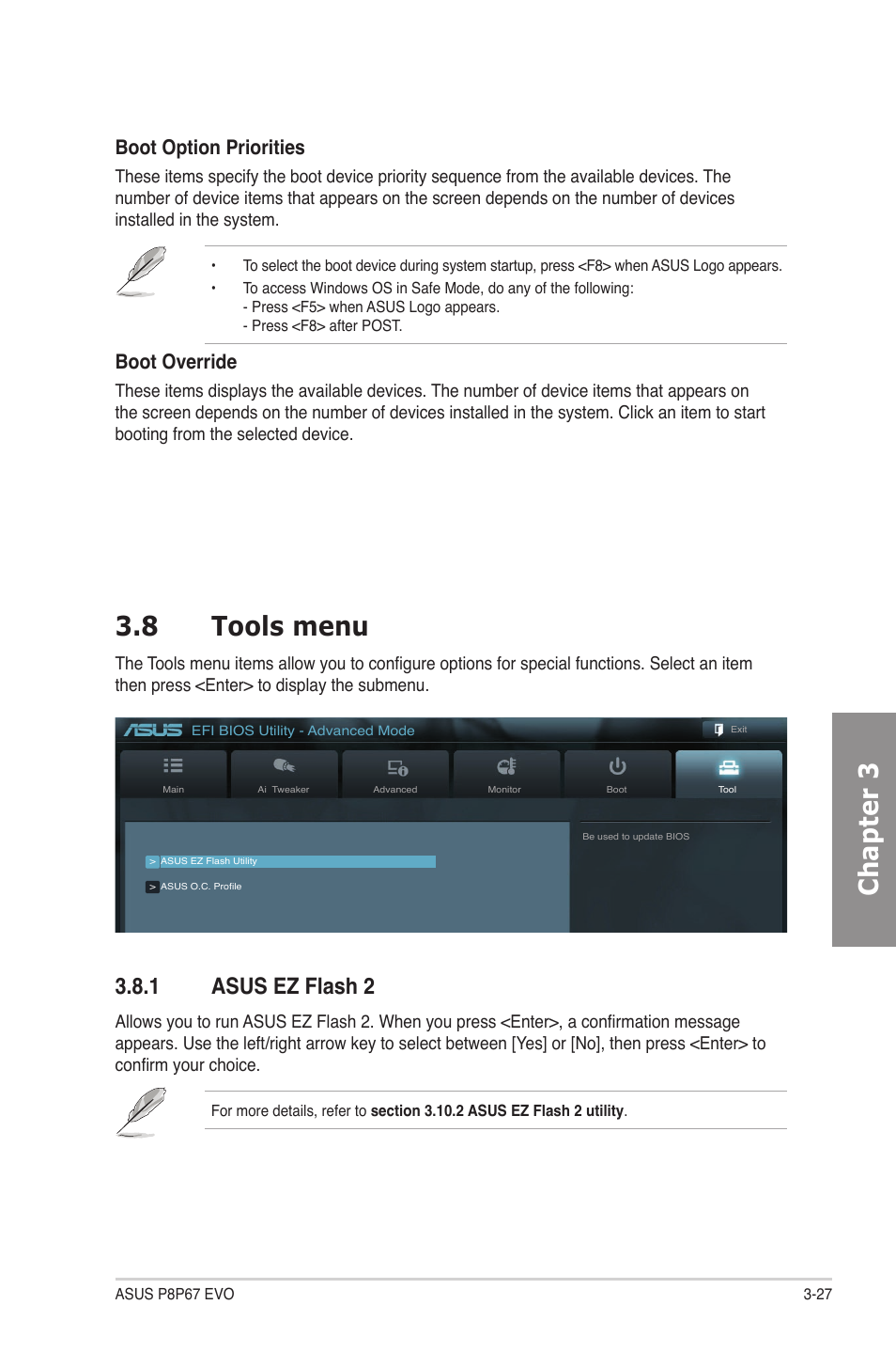 8 tools menu, 1 asus ez flash 2, Tools menu -27 3.8.1 | Asus ez flash 2 -27, Chapter 3 3.8 tools menu, Boot option priorities, Boot override | Asus P8P67 EVO User Manual | Page 91 / 134