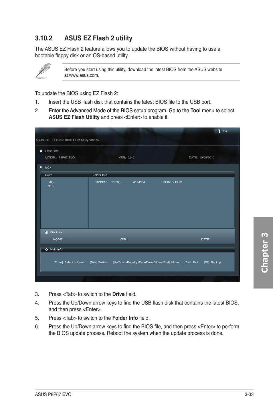 2 asus ez flash 2 utility, Asus ez flash 2 utility -33, Chapter 3 | Asus P8P67 EVO User Manual | Page 97 / 134