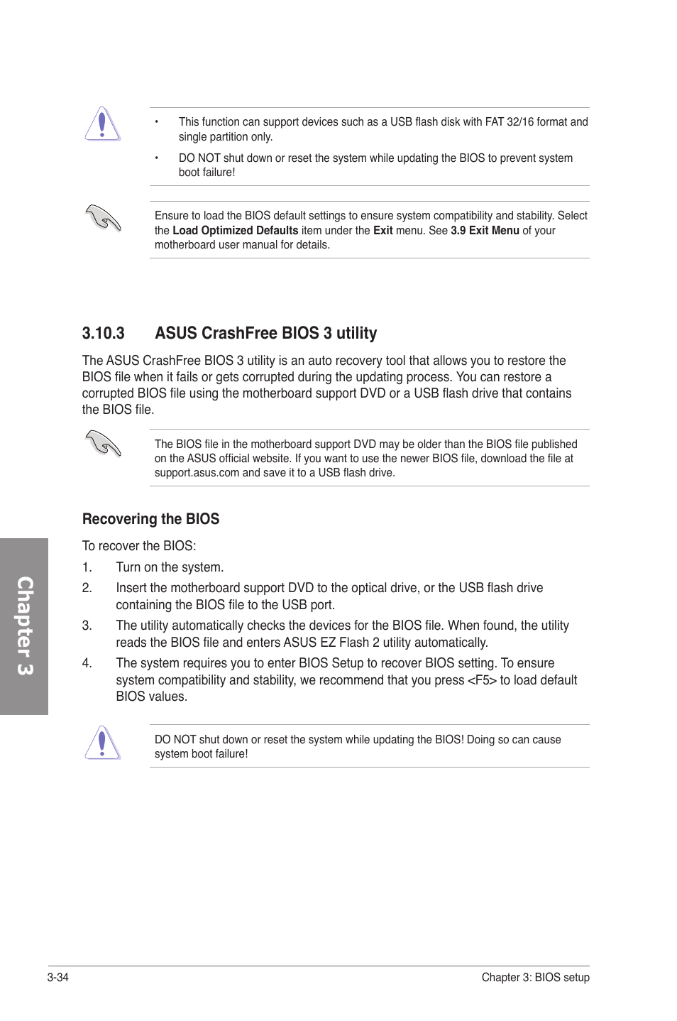 3 asus crashfree bios 3 utility, Asus crashfree bios 3 utility -34, Chapter 3 | Asus P8P67 EVO User Manual | Page 98 / 134