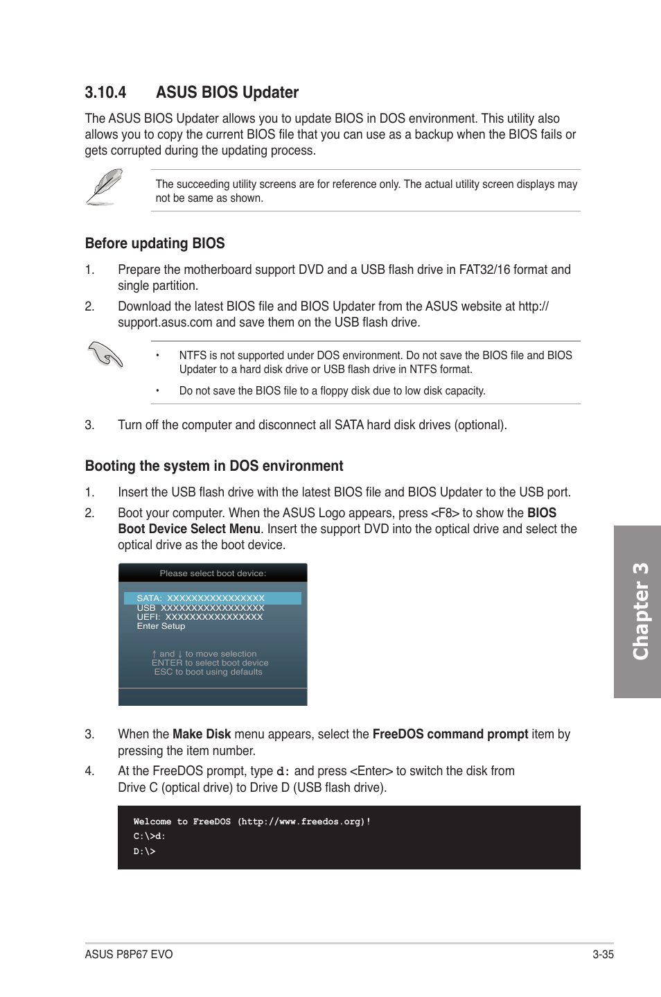 4 asus bios updater, Asus bios updater -35, Chapter 3 | Booting the system in dos environment, Before updating bios | Asus P8P67 EVO User Manual | Page 99 / 134