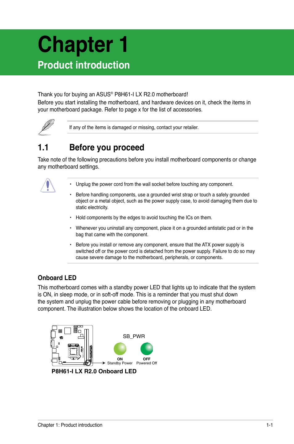 Chapter 1, Product introduction, 1 before you proceed | Before you proceed -1 | Asus P8H61-I LX R2.0/RM/SI User Manual | Page 11 / 66