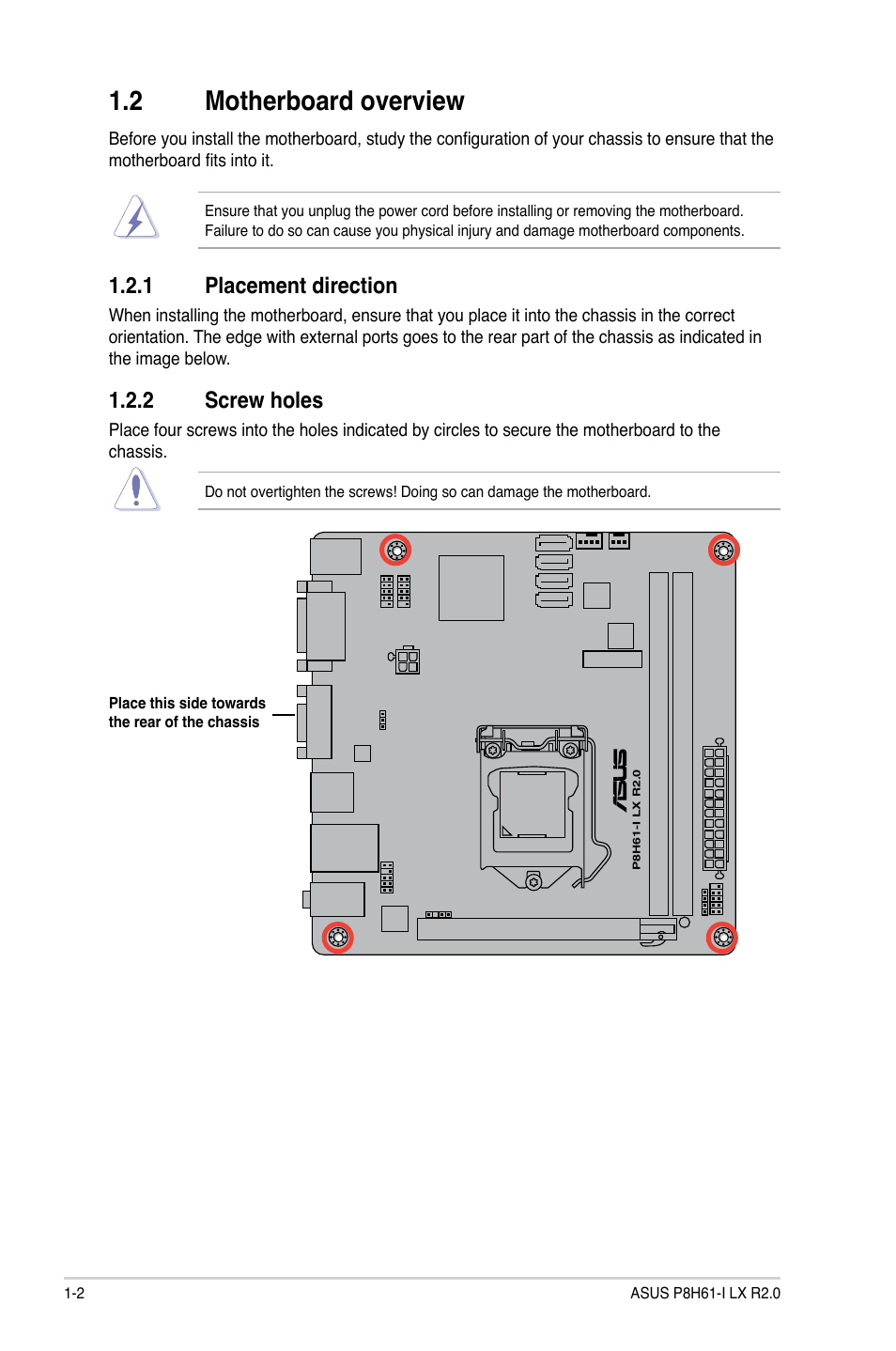 2 motherboard overview, 1 placement direction, 2 screw holes | Motherboard overview -2 1.2.1, Placement direction -2, Screw holes -2 | Asus P8H61-I LX R2.0/RM/SI User Manual | Page 12 / 66