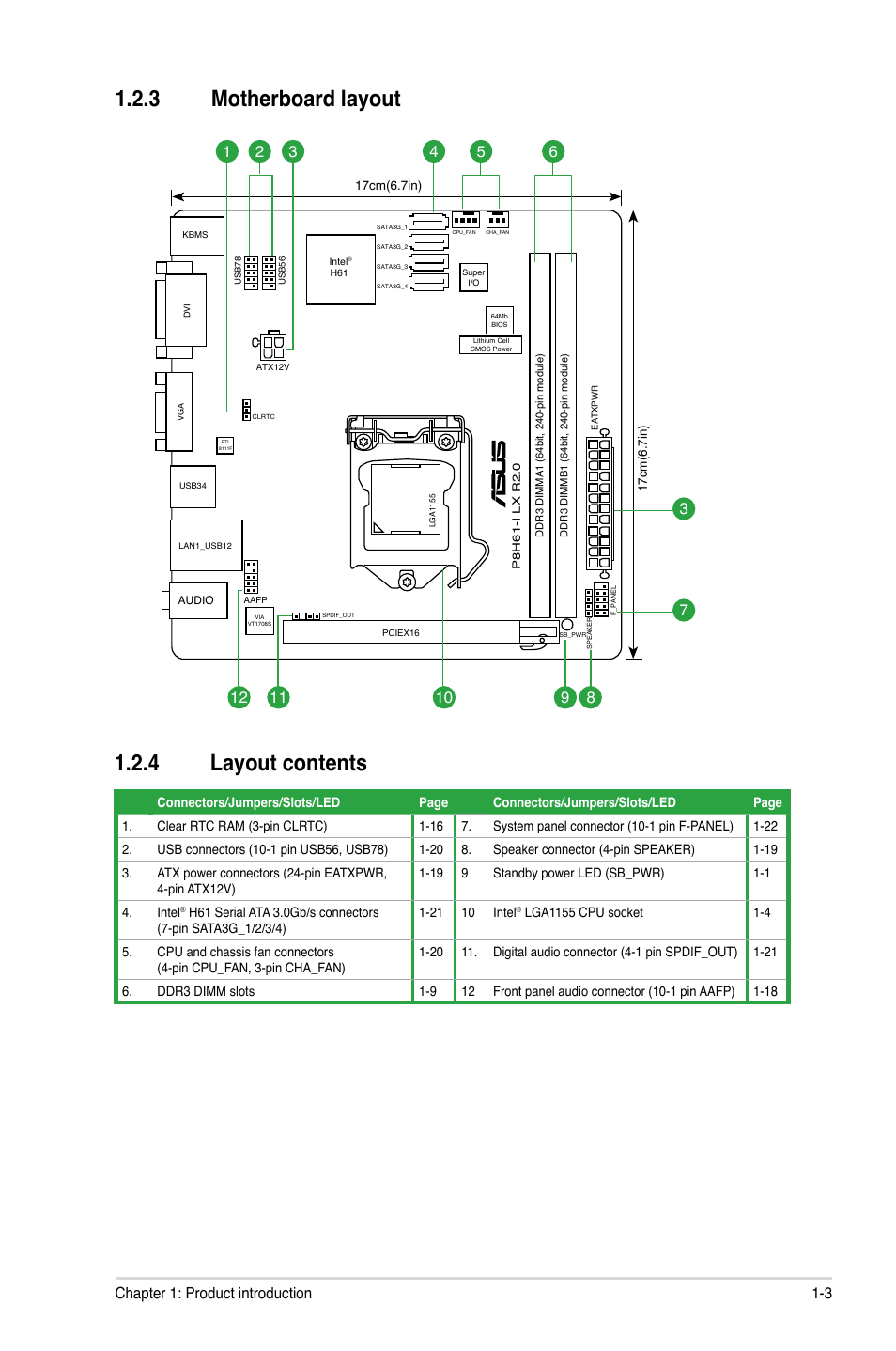 3 motherboard layout, 4 layout contents, Motherboard layout -3 | Layout contents -3, 3 motherboard layout 1.2.4 layout contents, 3 chapter 1: product introduction | Asus P8H61-I LX R2.0/RM/SI User Manual | Page 13 / 66