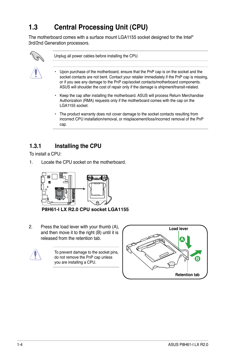 3 central processing unit (cpu), 1 installing the cpu, Central processing unit (cpu) -4 1.3.1 | Installing the cpu -4 | Asus P8H61-I LX R2.0/RM/SI User Manual | Page 14 / 66