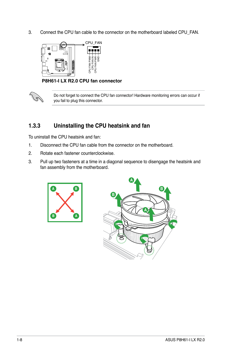 3 uninstalling the cpu heatsink and fan, Uninstalling the cpu heatsink and fan -8 | Asus P8H61-I LX R2.0/RM/SI User Manual | Page 18 / 66