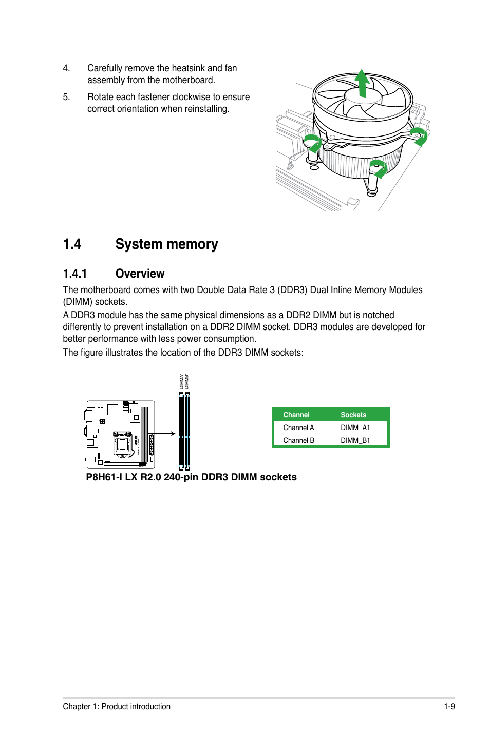 4 system memory, 1 overview, System memory -9 1.4.1 | Overview -9 | Asus P8H61-I LX R2.0/RM/SI User Manual | Page 19 / 66