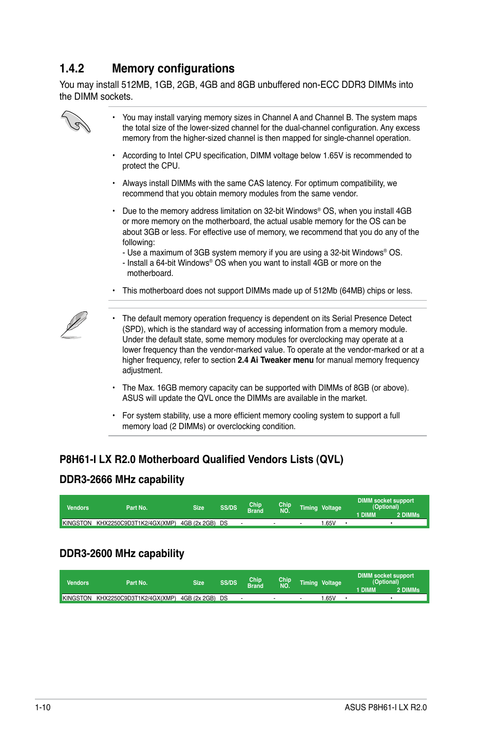 2 memory configurations, Memory configurations -10 | Asus P8H61-I LX R2.0/RM/SI User Manual | Page 20 / 66