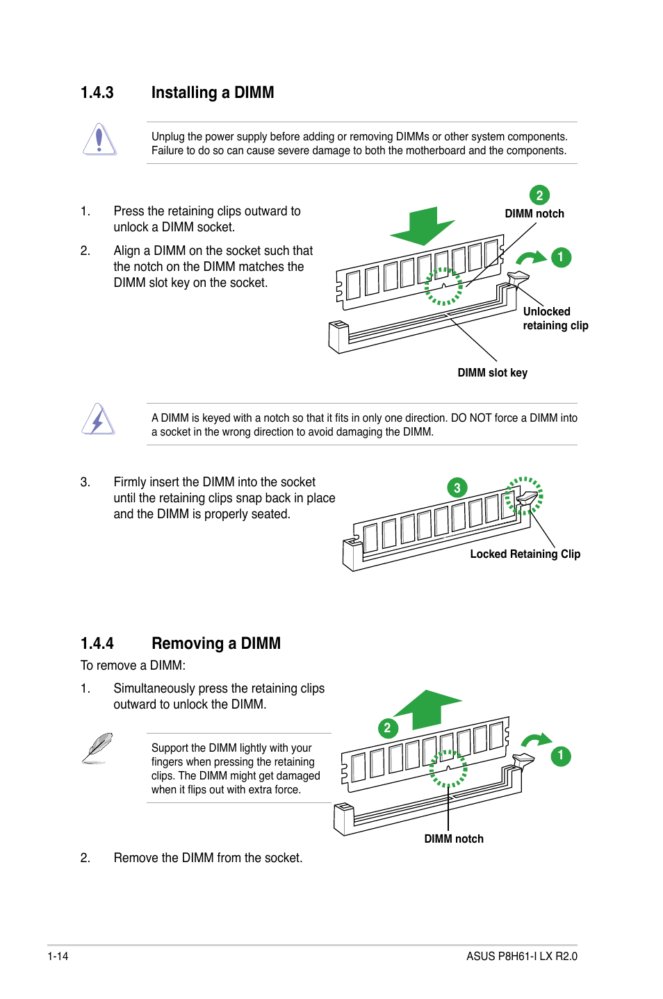 3 installing a dimm, 4 removing a dimm, Installing a dimm -14 | Removing a dimm -14 | Asus P8H61-I LX R2.0/RM/SI User Manual | Page 24 / 66