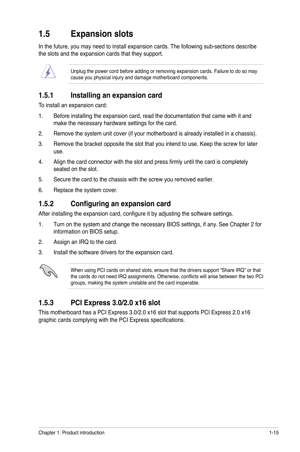 5 expansion slots, 1 installing an expansion card, 2 configuring an expansion card | 3 pci express 3.0/2.0 x16 slot, Expansion slots -15 1.5.1, Installing an expansion card -15, Configuring an expansion card -15, Pci express 3.0/2.0 x16 slot -15 | Asus P8H61-I LX R2.0/RM/SI User Manual | Page 25 / 66