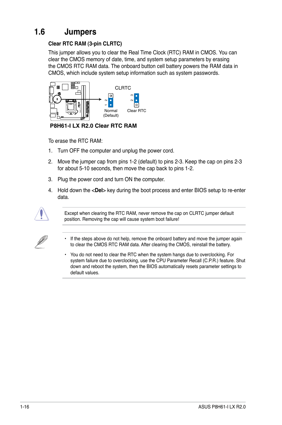 6 jumpers, Jumpers -16 | Asus P8H61-I LX R2.0/RM/SI User Manual | Page 26 / 66