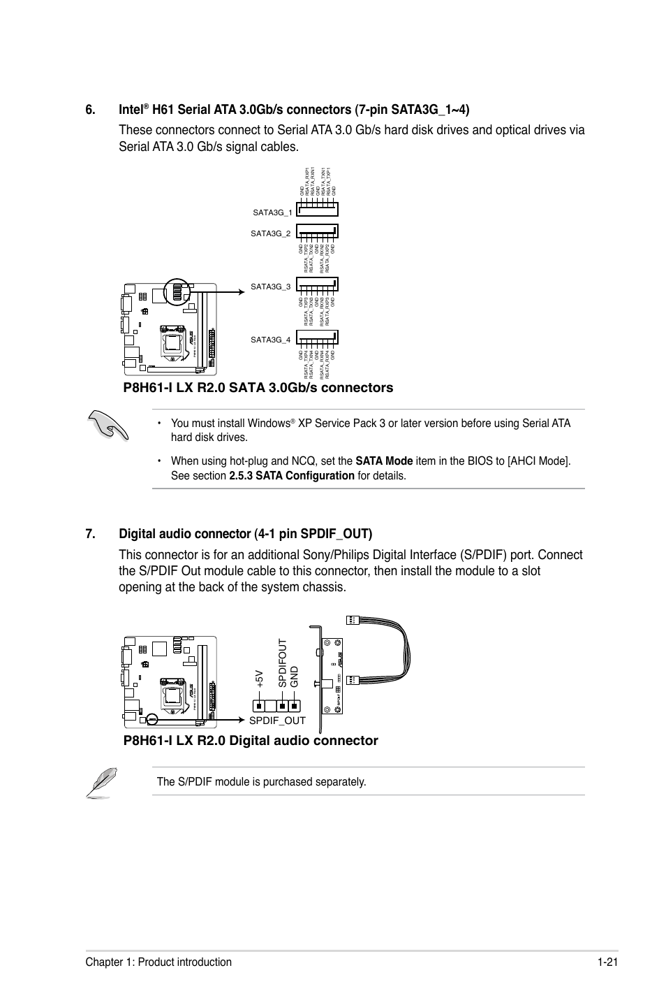 Intel, 21 chapter 1: product introduction, You must install windows | The s/pdif module is purchased separately | Asus P8H61-I LX R2.0/RM/SI User Manual | Page 31 / 66