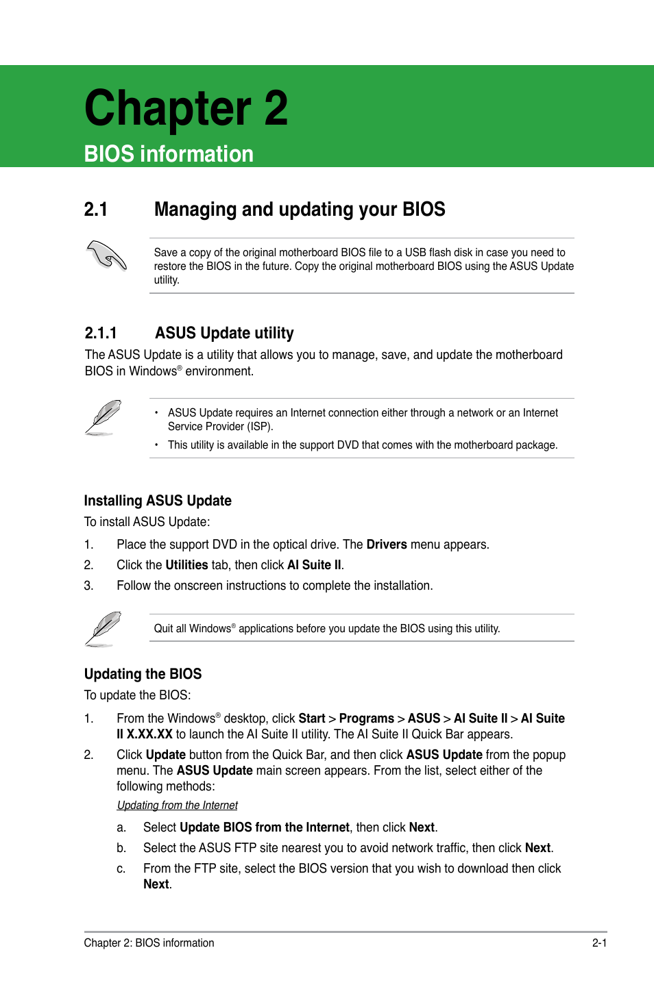 Chapter 2, Bios information, 1 managing and updating your bios | 1 asus update utility, Managing and updating your bios -1 2.1.1, Asus update utility -1 | Asus P8H61-I LX R2.0/RM/SI User Manual | Page 35 / 66