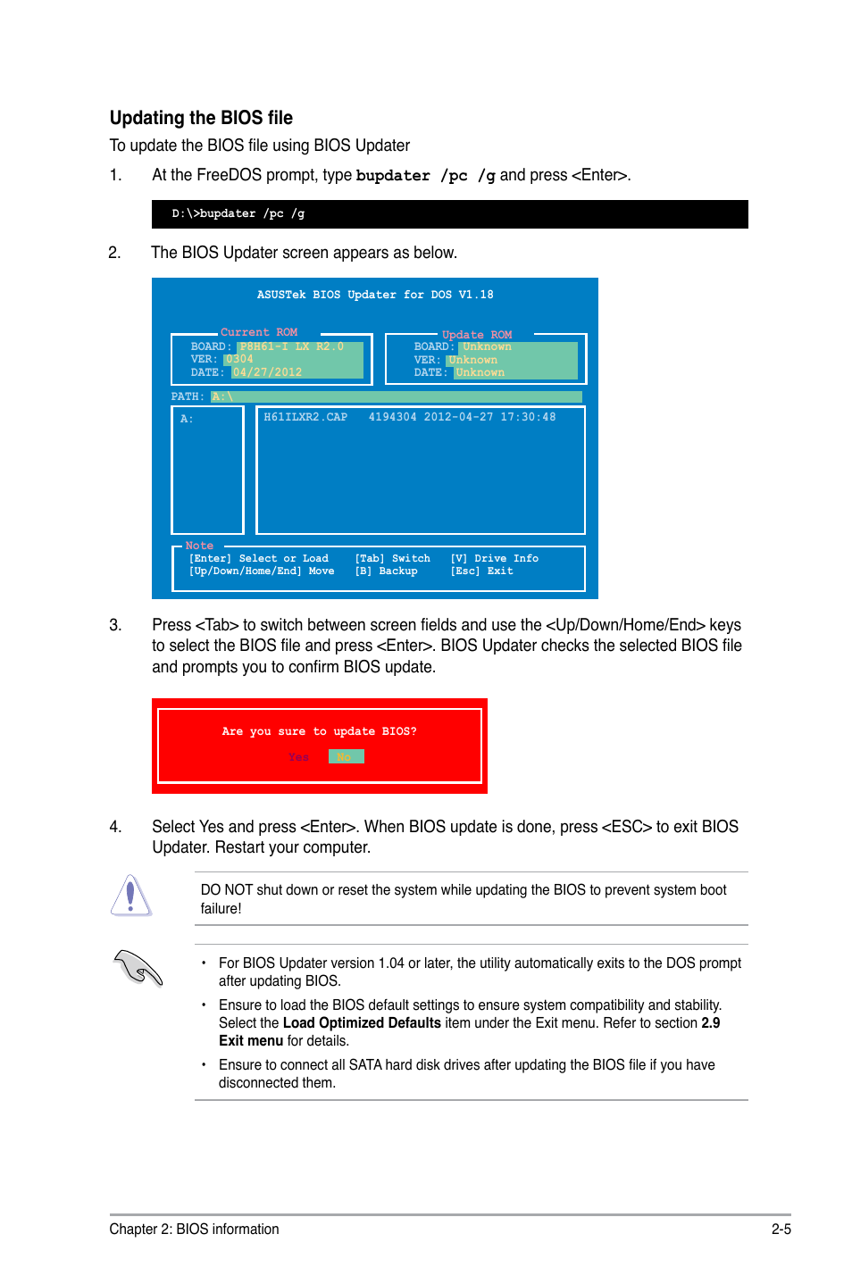 Updating the bios file | Asus P8H61-I LX R2.0/RM/SI User Manual | Page 39 / 66