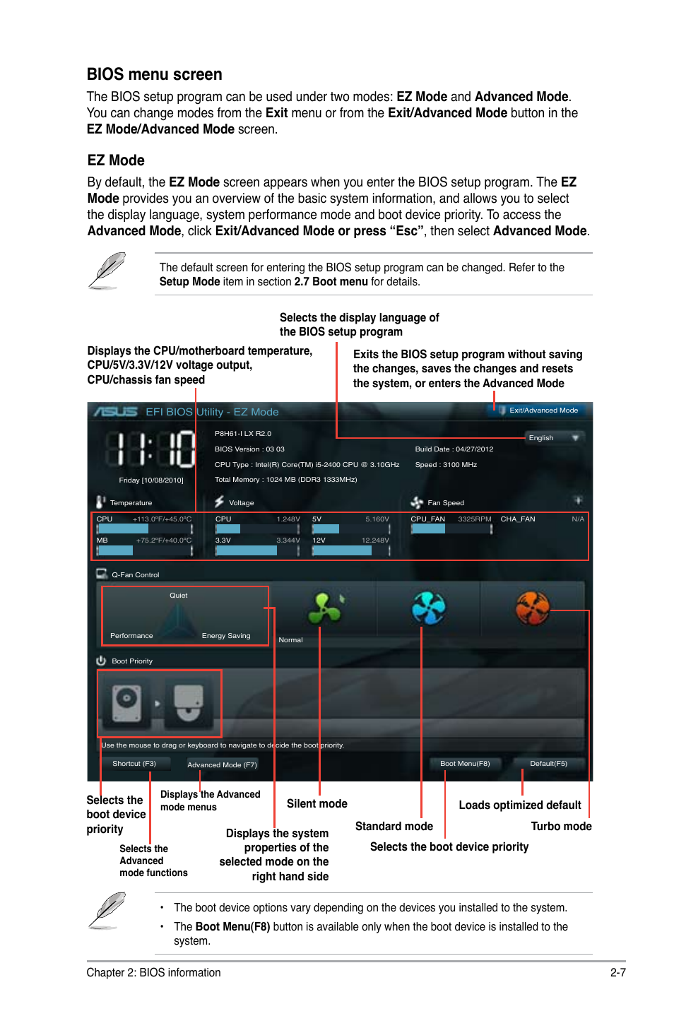 Bios menu screen, Ez mode, Chapter 2: bios information 2-7 | Asus P8H61-I LX R2.0/RM/SI User Manual | Page 41 / 66