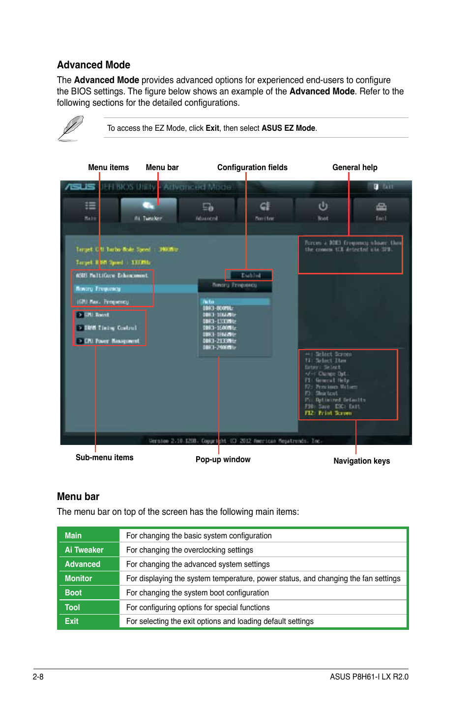 Advanced mode, Menu bar | Asus P8H61-I LX R2.0/RM/SI User Manual | Page 42 / 66