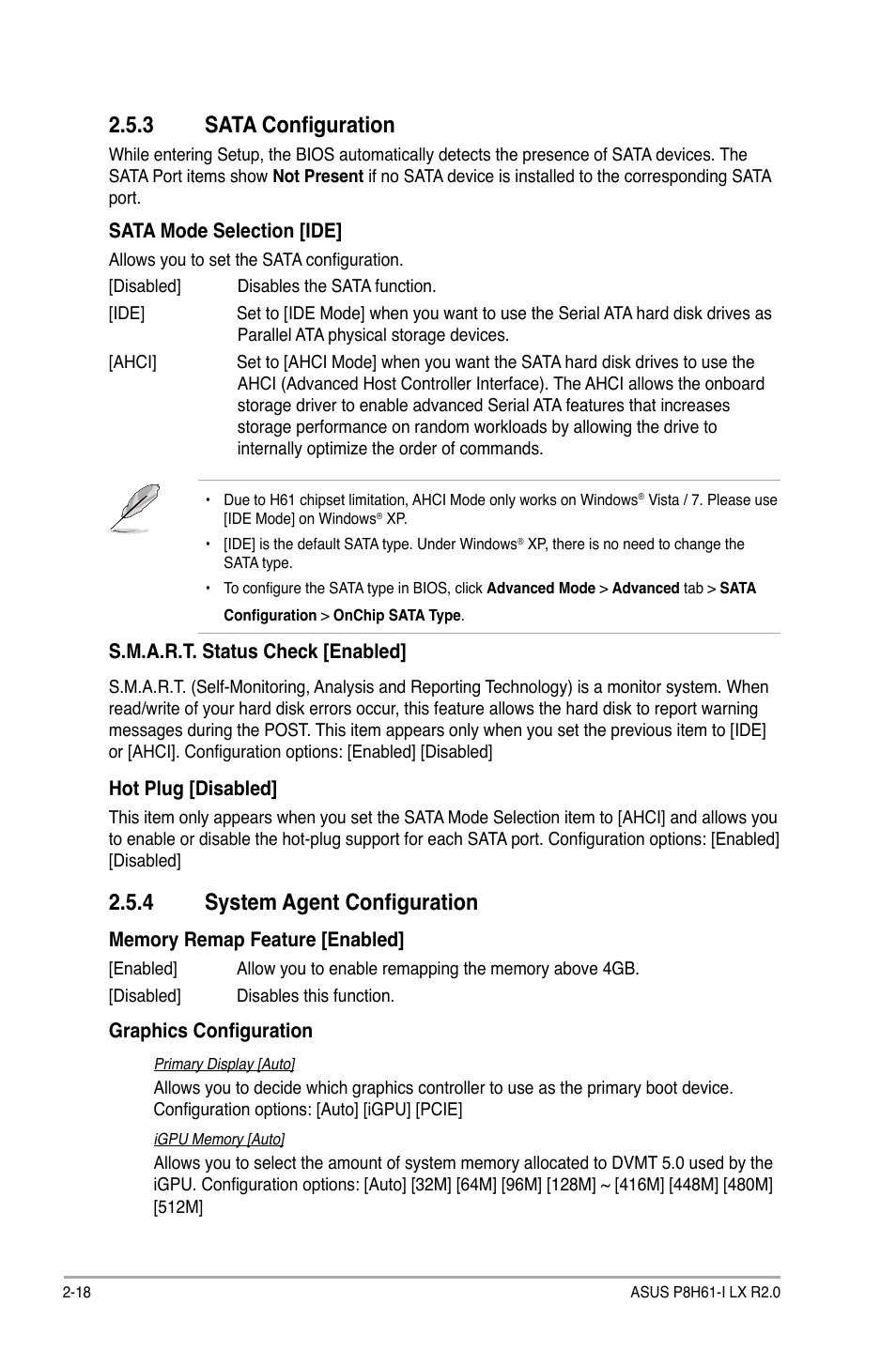 3 sata configuration, 4 system agent configuration, Sata configuration -18 | System agent configuration -18 | Asus P8H61-I LX R2.0/RM/SI User Manual | Page 52 / 66