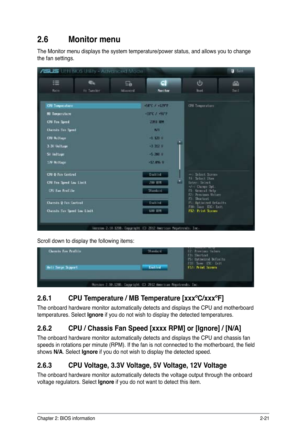 6 monitor menu, 1 cpu temperature / mb temperature [xxxºc/xxxºf, Monitor menu -21 2.6.1 | Cpu temperature / mb temperature [xxxºc/xxxºf] -21 | Asus P8H61-I LX R2.0/RM/SI User Manual | Page 55 / 66