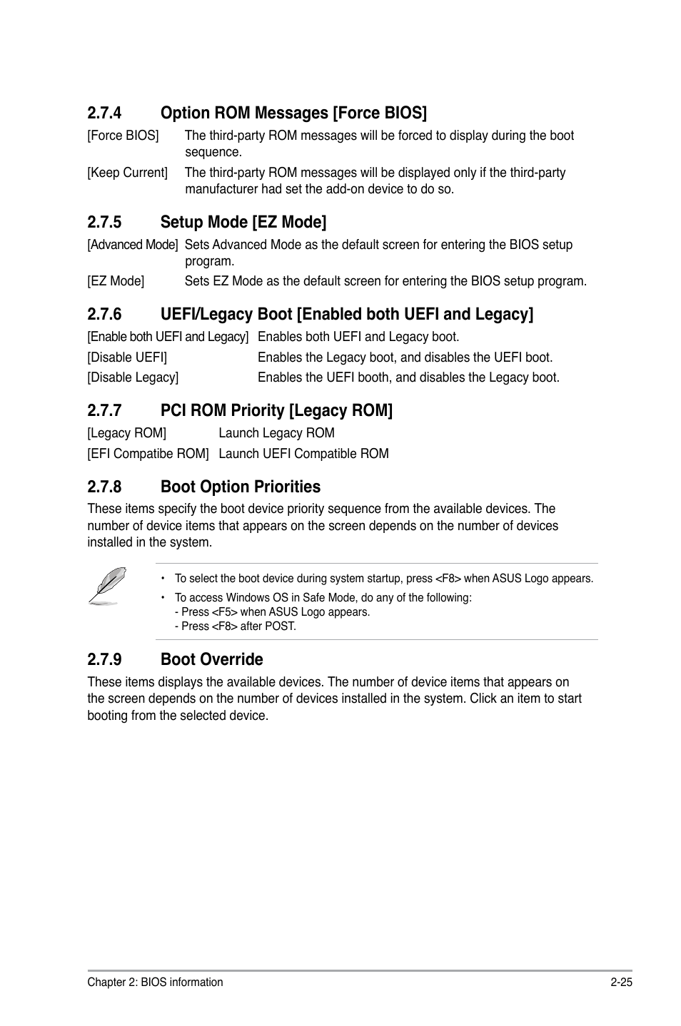 4 option rom messages [force bios, 5 setup mode [ez mode, 6 uefi/legacy boot [enabled both uefi and legacy | 7 pci rom priority [legacy rom, 8 boot option priorities, 9 boot override, Option rom messages [force bios] -25, Setup mode [ez mode] -25, Pci rom priority [legacy rom] -25, Boot option priorities -25 | Asus P8H61-I LX R2.0/RM/SI User Manual | Page 59 / 66