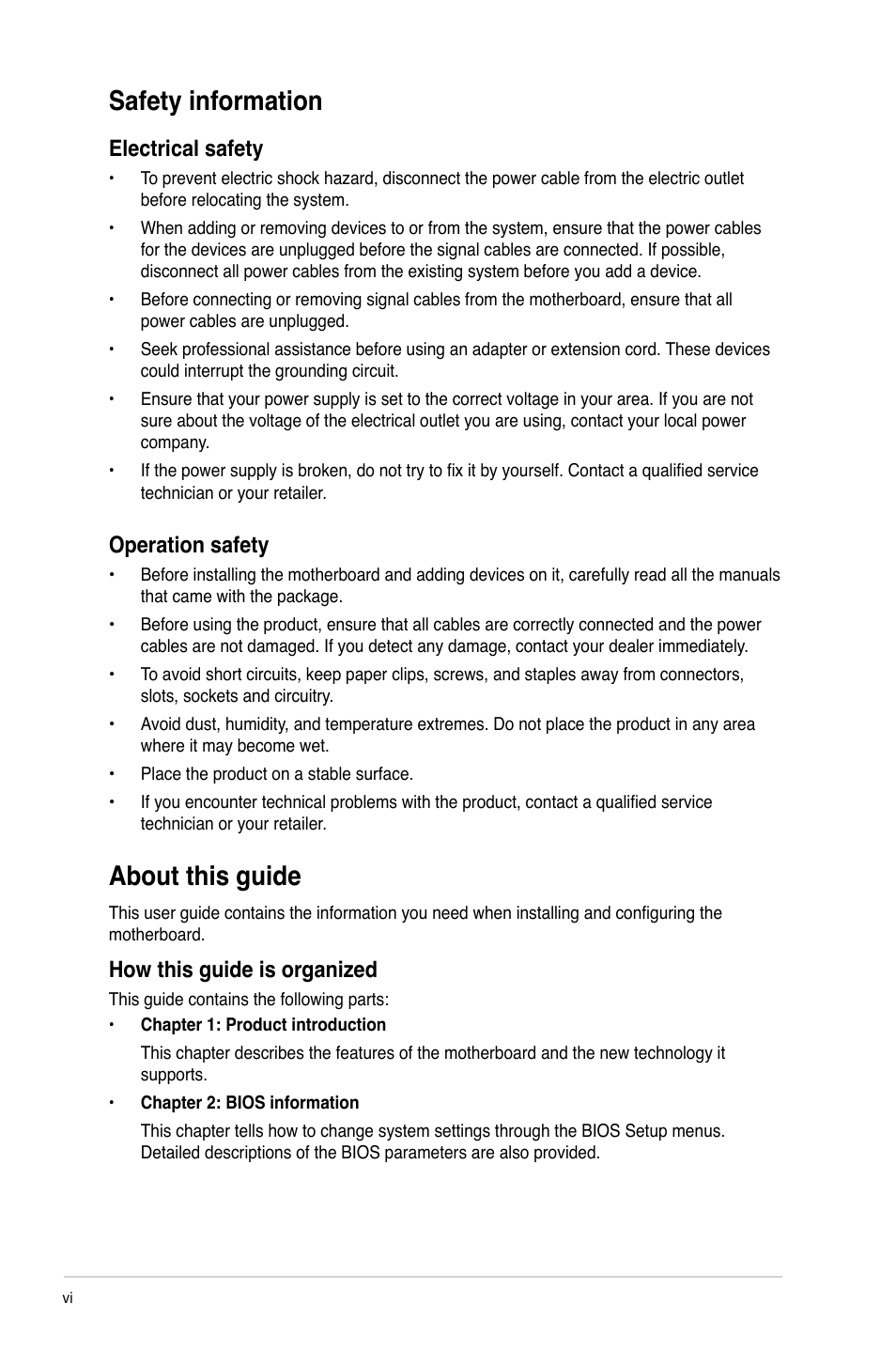 Safety information, About this guide, Electrical safety | Operation safety, How this guide is organized | Asus P8H61-I LX R2.0/RM/SI User Manual | Page 6 / 66