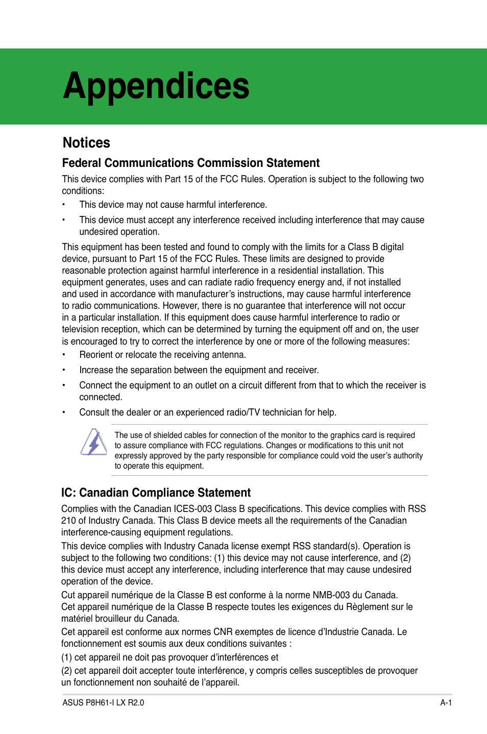 Appendices, Notices, Federal communications commission statement | Ic: canadian compliance statement | Asus P8H61-I LX R2.0/RM/SI User Manual | Page 63 / 66