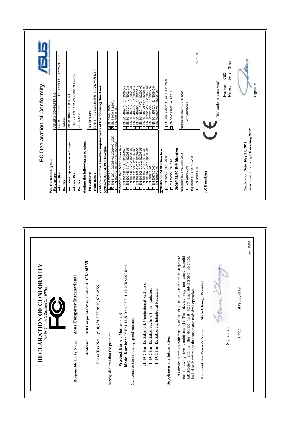 Declaration of conformity, Ec declaration of conformity, Asu s c om pu te r in te rn at io na l | Asus P8H61-I LX R2.0/RM/SI User Manual | Page 66 / 66