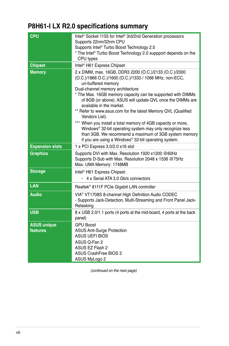 P8h61-i lx r2.0 specifications summary | Asus P8H61-I LX R2.0/RM/SI User Manual | Page 8 / 66