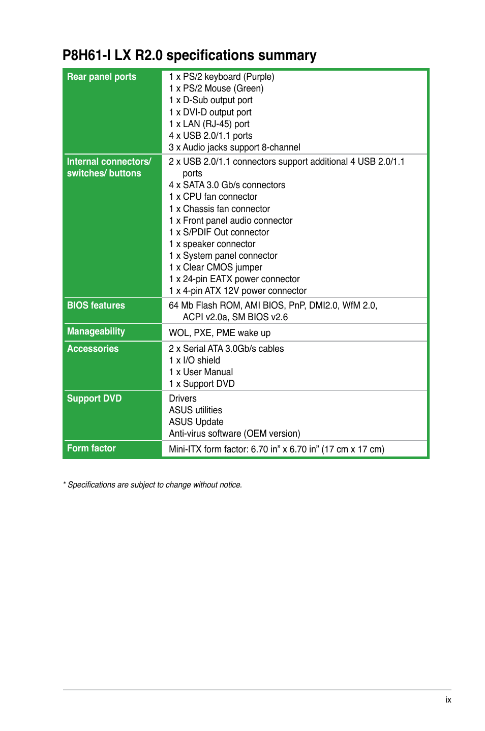 Asus P8H61-I LX R2.0/RM/SI User Manual | Page 9 / 66