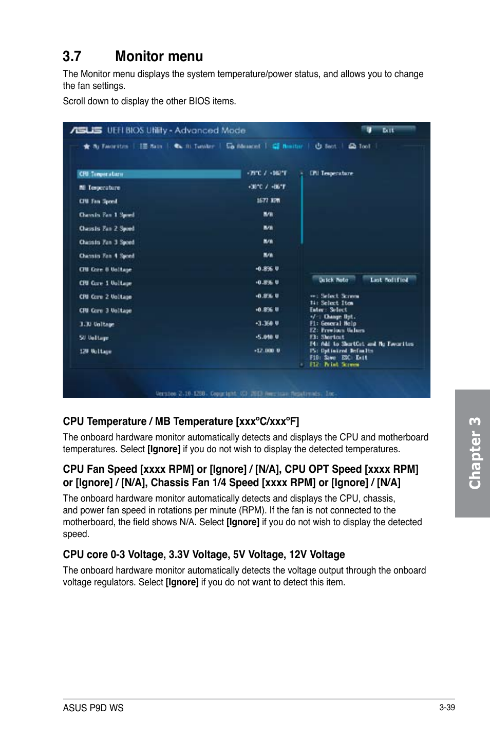7 monitor menu, Monitor menu -39, Chapter 3 3.7 monitor menu | Asus P9D WS User Manual | Page 109 / 154