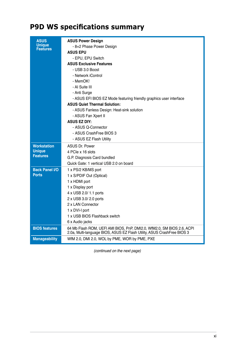P9d ws specifications summary | Asus P9D WS User Manual | Page 11 / 154