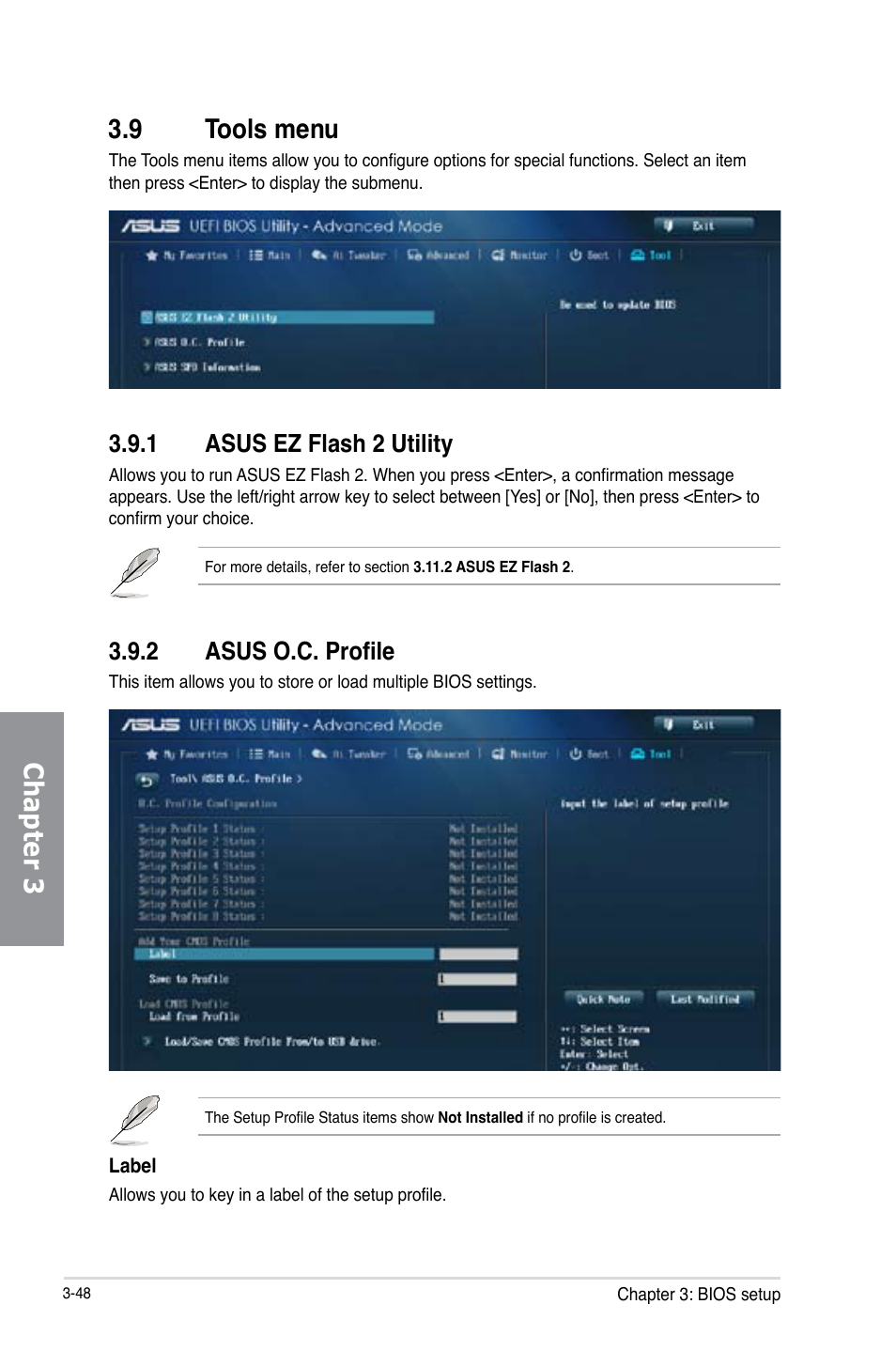 9 tools menu, 1 asus ez flash 2 utility, 2 asus o.c. profile | Tools menu -48 3.9.1, Asus ez flash 2 utility -48, Asus o.c. profile -48, Chapter 3 3.9 tools menu | Asus P9D WS User Manual | Page 118 / 154