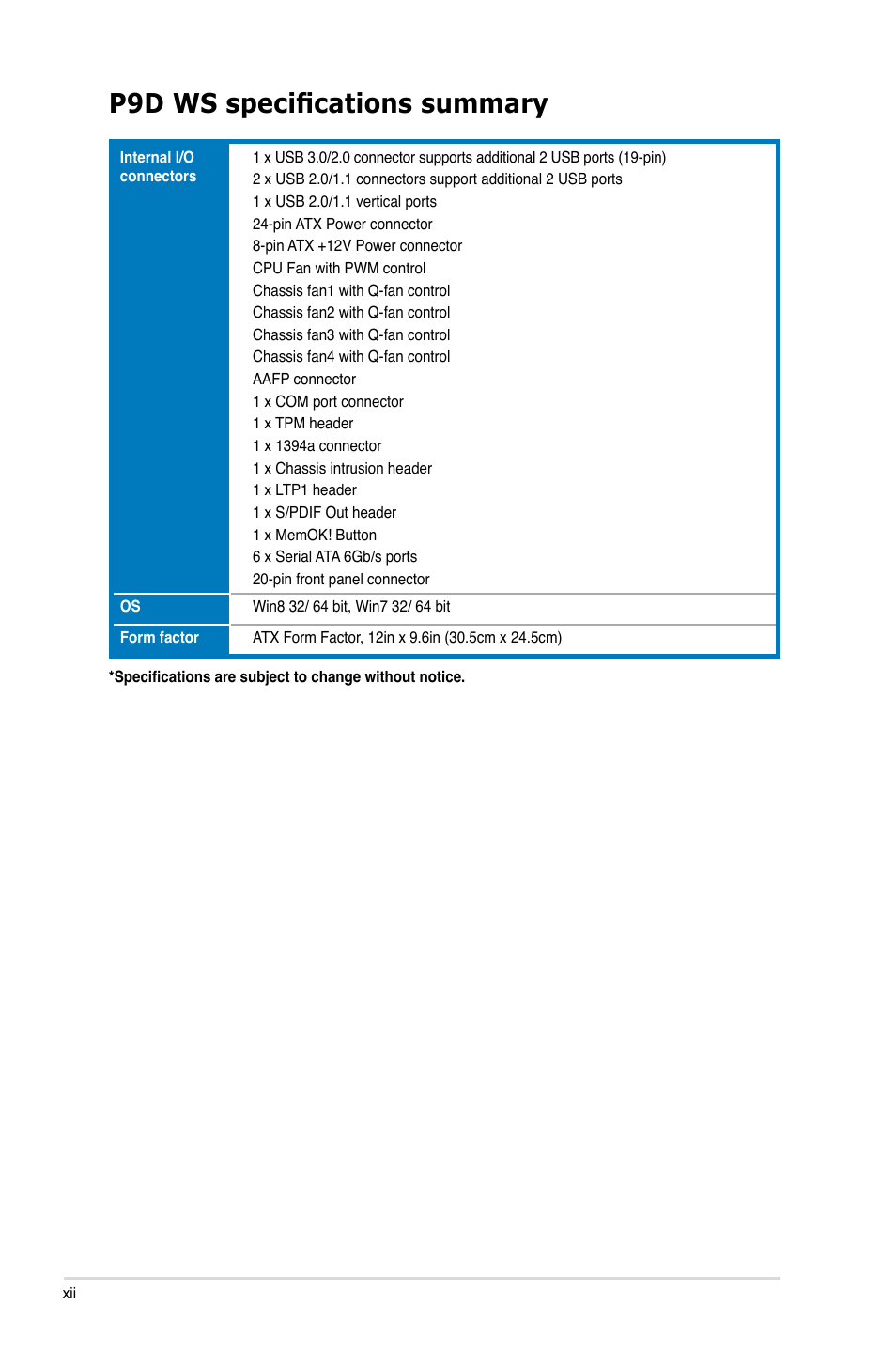 P9d ws specifications summary | Asus P9D WS User Manual | Page 12 / 154