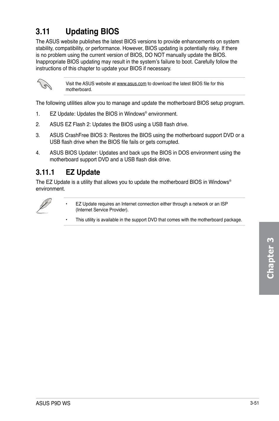 11 updating bios, 1 ez update, Updating bios -51 3.11.1 | Ez update -51, Chapter 3 3.11 updating bios | Asus P9D WS User Manual | Page 121 / 154