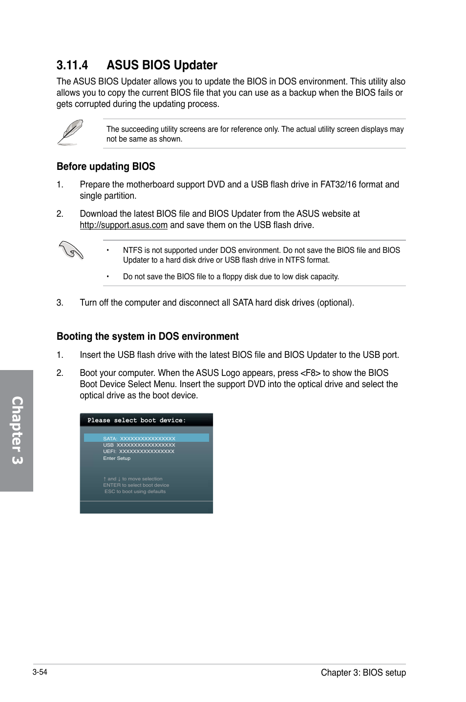 4 asus bios updater, Asus bios updater -54, Chapter 3 | Before updating bios, Booting the system in dos environment, Chapter 3: bios setup | Asus P9D WS User Manual | Page 124 / 154