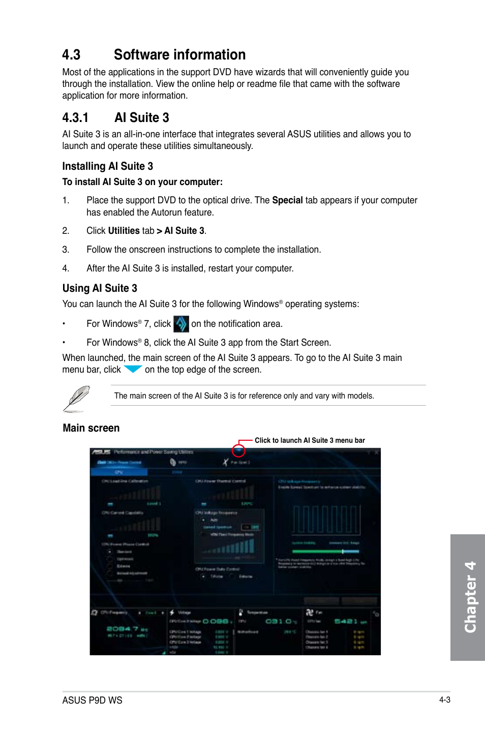 3 software information, 1 ai suite 3, Software information -3 4.3.1 | Ai suite 3 -3, Chapter 4 4.3 software information | Asus P9D WS User Manual | Page 129 / 154