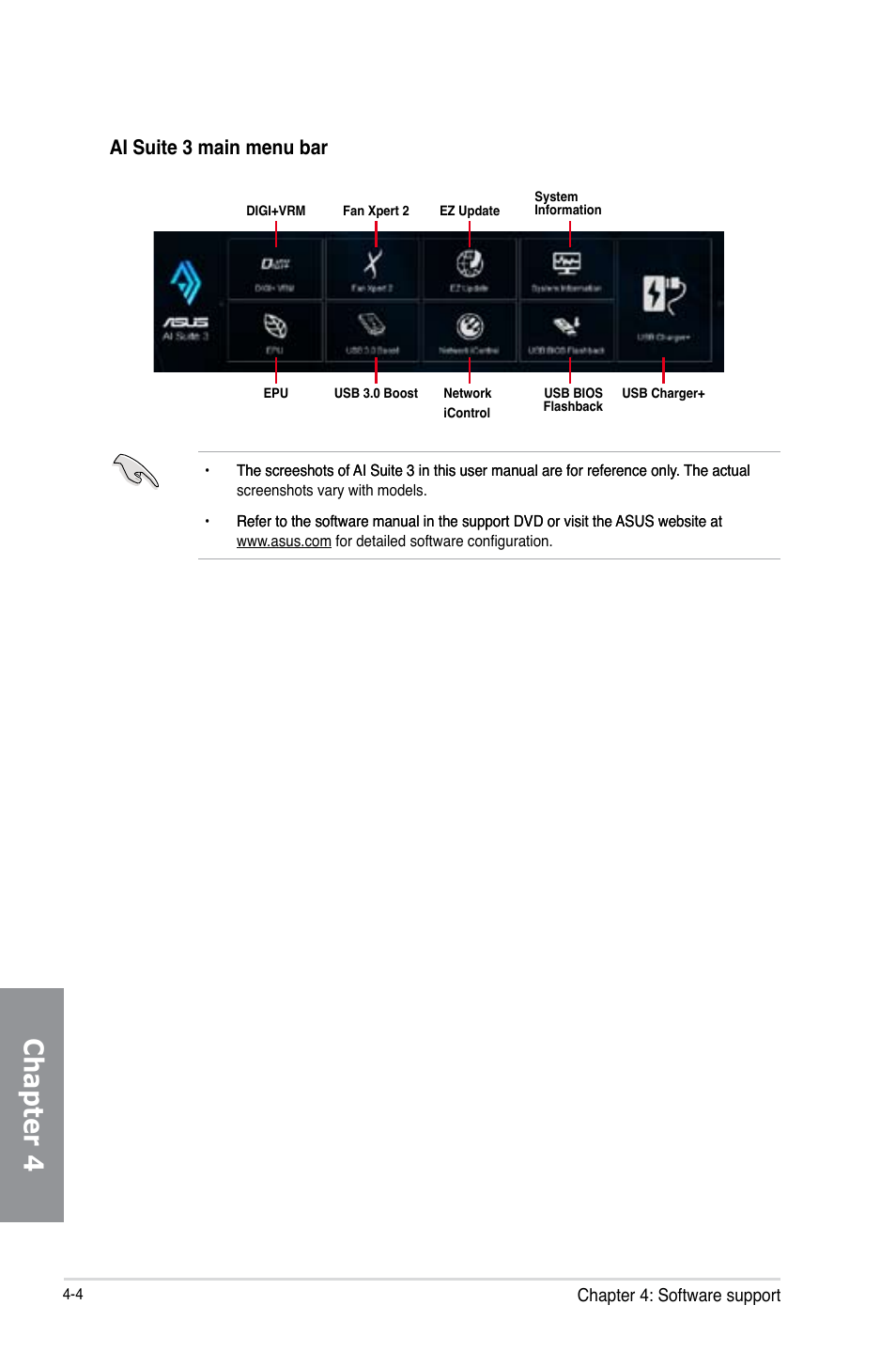 Chapter 4, Ai suite 3 main menu bar | Asus P9D WS User Manual | Page 130 / 154