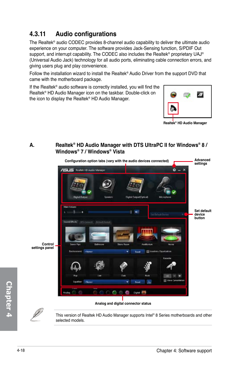 11 audio configurations, Audio configurations -18, Chapter 4 | A. realtek, Hd audio manager with dts ultrapc ii for windows, 8 / windows, 7 / windows, Vista | Asus P9D WS User Manual | Page 144 / 154