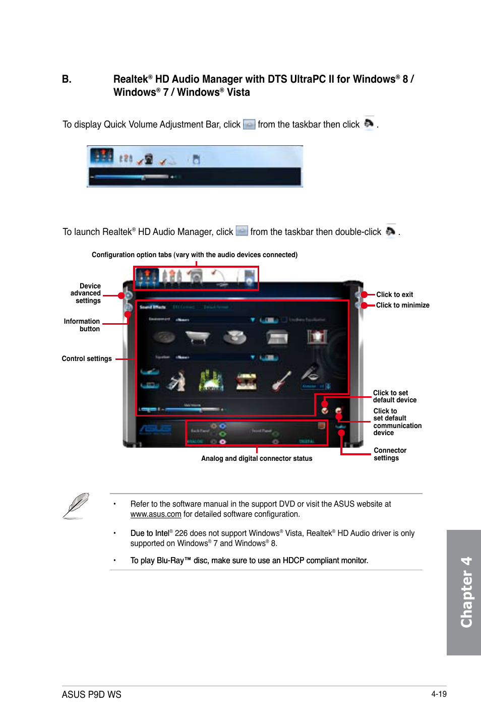 Chapter 4, B. realtek, Hd audio manager with dts ultrapc ii for windows | 8 / windows, 7 / windows, Vista, Asus p9d ws | Asus P9D WS User Manual | Page 145 / 154