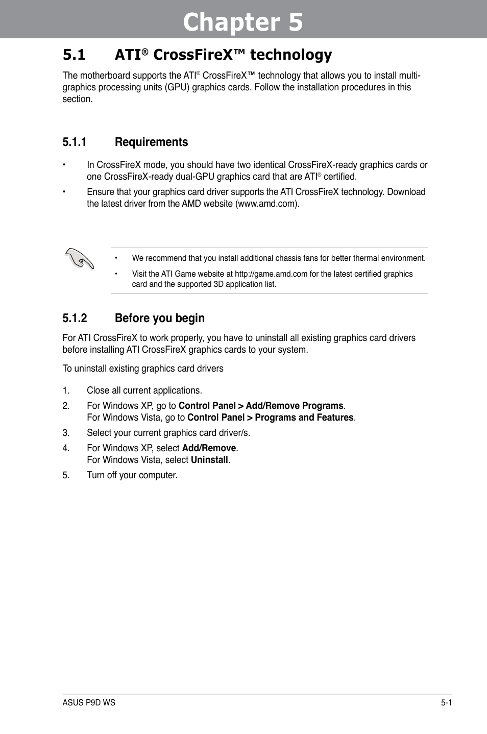 Chapter 5: multiple gpu technology support, 1 ati® crossfirex™ technology, 1 requirements | 2 before you begin, Chapter 5, Multiple gpu technology support, Crossfirex™ technology -1, Requirements -1, Before you begin -1, 1 ati | Asus P9D WS User Manual | Page 147 / 154