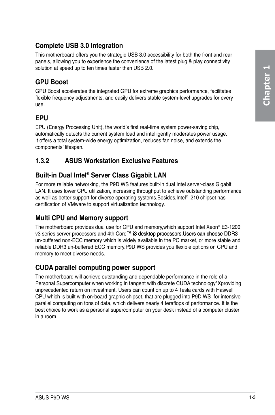 2 asus workstation exclusive features, Asus workstation exclusive features -3, Chapter 1 | Complete usb 3.0 integration, Gpu boost, Server class gigabit lan, Cuda parallel computing power support | Asus P9D WS User Manual | Page 15 / 154