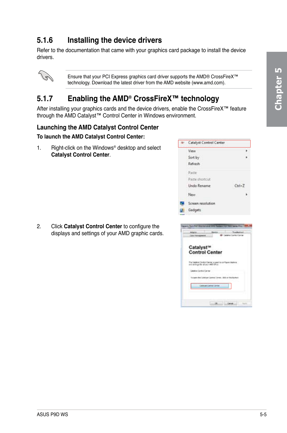 Chapter 5, 6 installing the device drivers, 7 enabling the amd | Crossfirex™ technology | Asus P9D WS User Manual | Page 151 / 154