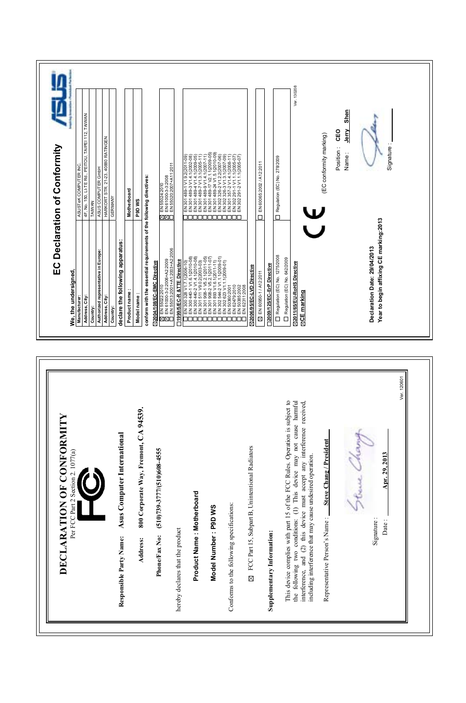 Declaration of conformity, Ec declaration of conformity, Asu s c om pu te r in te rn at io na l | Address: 800 corporate way, fremont | Asus P9D WS User Manual | Page 154 / 154