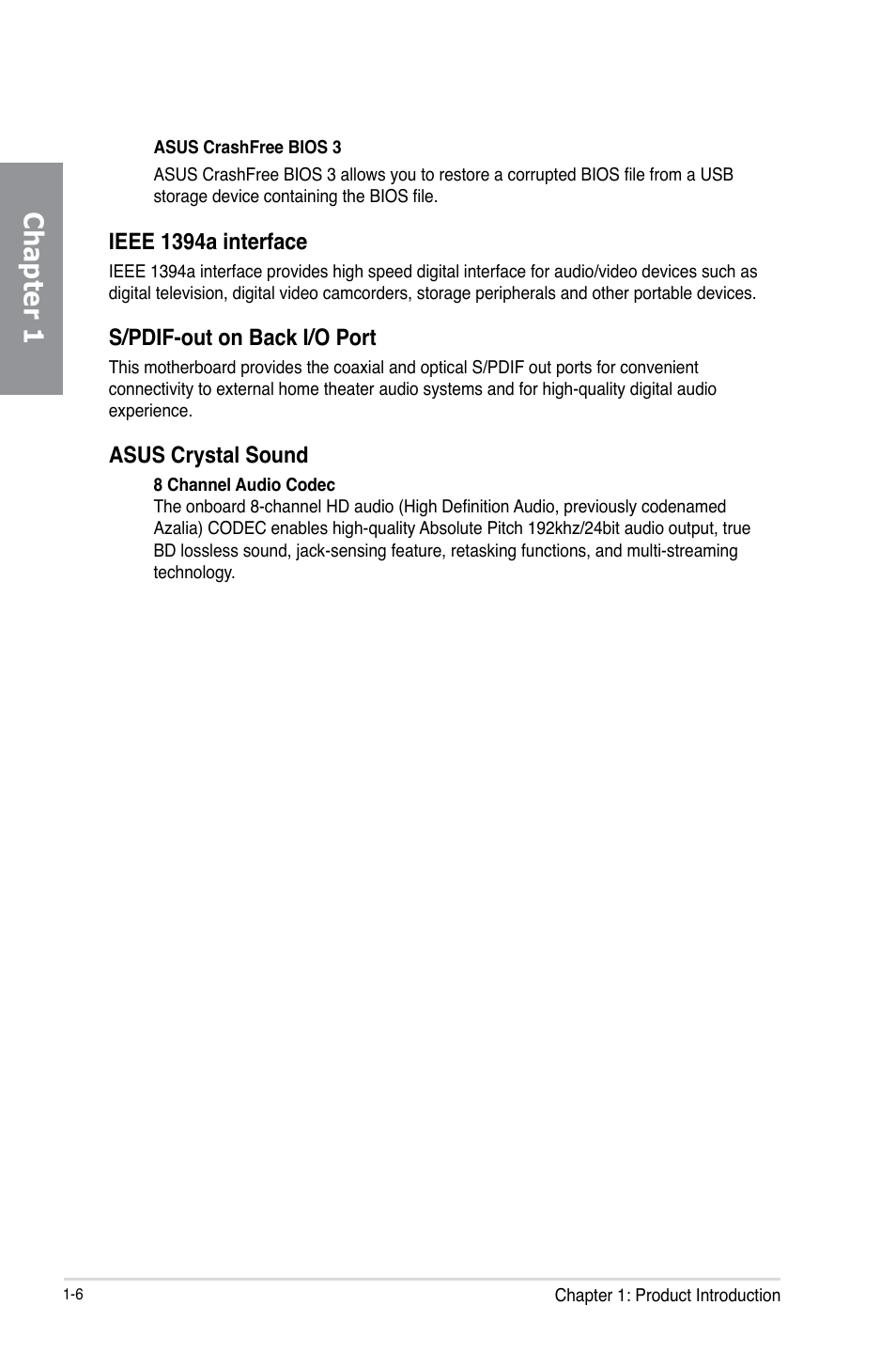 Chapter 1, Ieee 1394a interface, S/pdif-out on back i/o port | Asus crystal sound | Asus P9D WS User Manual | Page 18 / 154