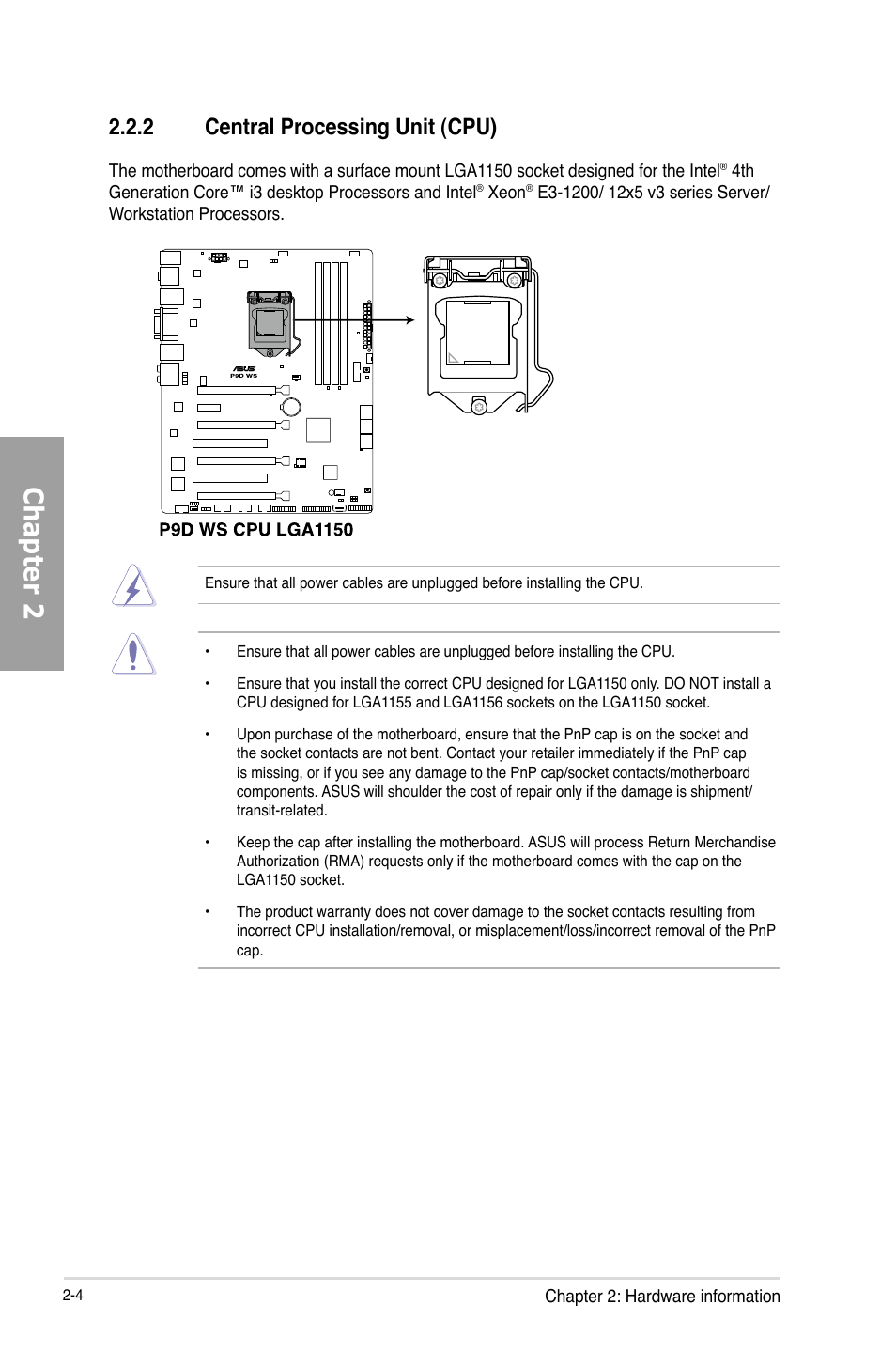 2 central processing unit (cpu), Central processing unit (cpu) -4, Chapter 2 | Asus P9D WS User Manual | Page 22 / 154