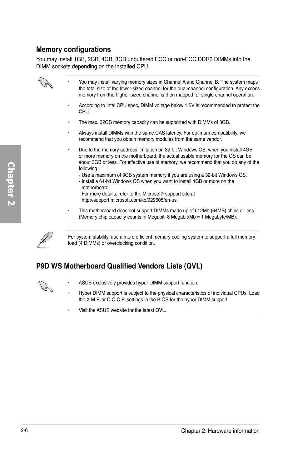 Chapter 2, P9d ws motherboard qualified vendors lists (qvl) | Asus P9D WS User Manual | Page 24 / 154