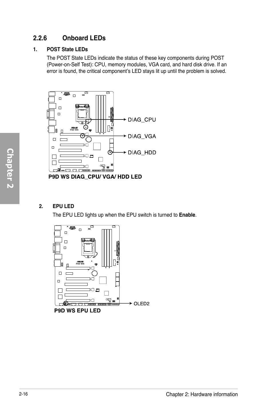 6 onboard leds, Onboard leds -16, Chapter 2 | Asus P9D WS User Manual | Page 34 / 154