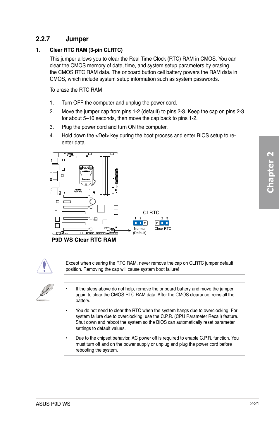 7 jumper, Jumper -21, Chapter 2 | Asus P9D WS User Manual | Page 39 / 154
