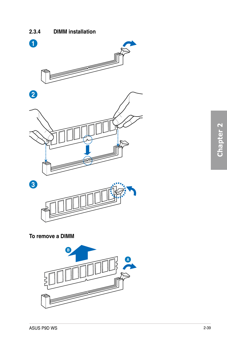 4 dimm installation, Dimm installation -39, Chapter 2 1 2 3 | Asus P9D WS User Manual | Page 57 / 154