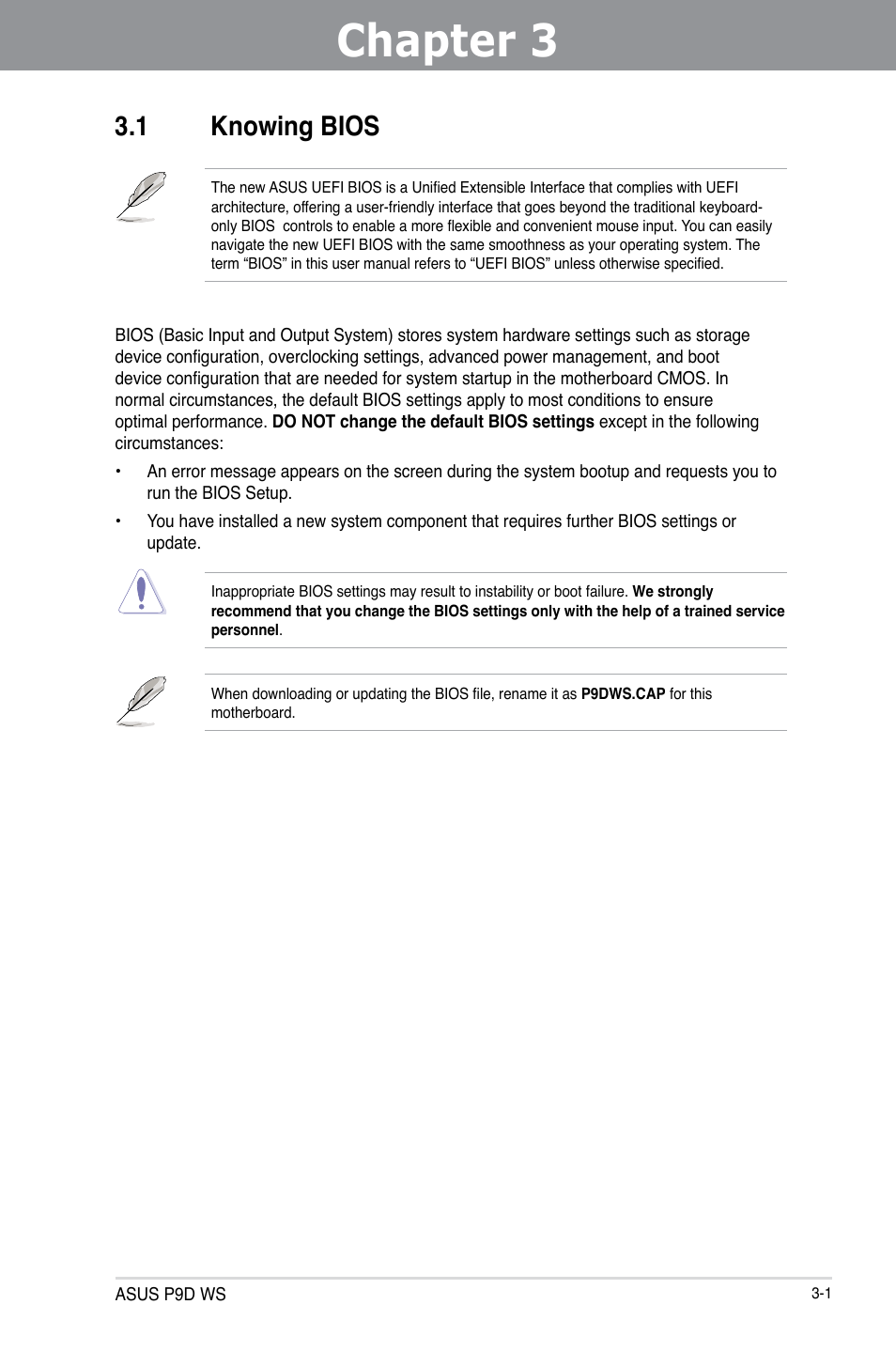 Chapter 3: bios setup, 1 knowing bios, Chapter 3 | Bios setup, Knowing bios -1 | Asus P9D WS User Manual | Page 71 / 154